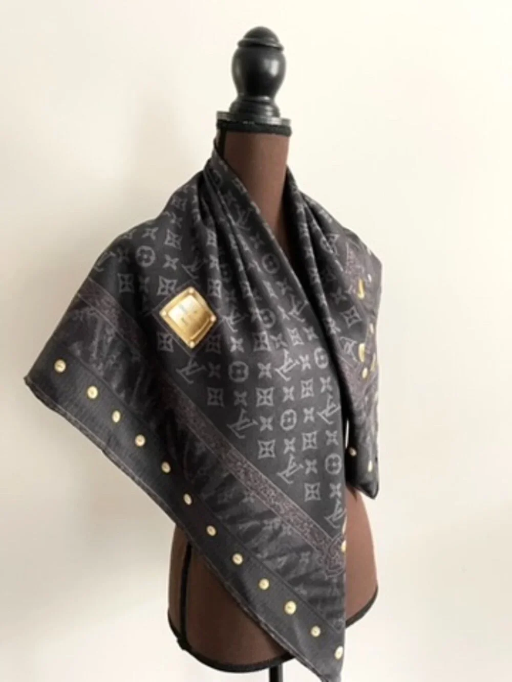 Display #2 Louis Vuitton Monogram Silk Twill Square Scarf Black Gray Gold